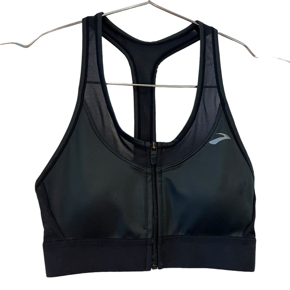 Brooks Front Zip Up Racerback Sports Bra Mesh Black Running Removable Pads